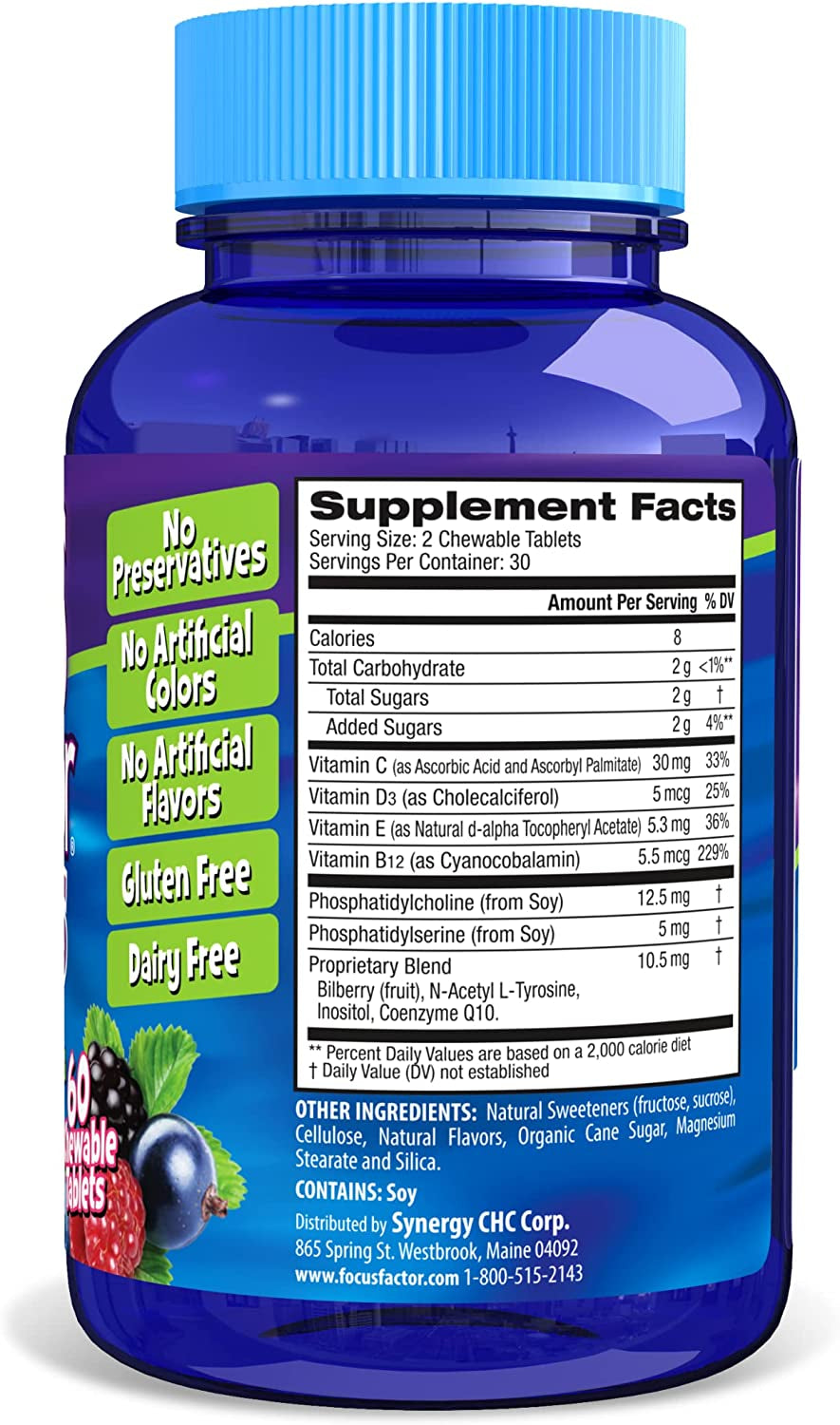 Focus Factor Kids Complete Daily Chewable Vitamins: Multivitamin & Neuro Nutrient (Brain Function) W/Vitamin B12, C, D3-60 Count