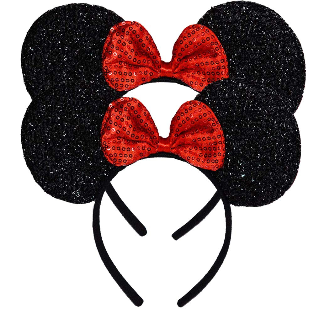 FANYITY Mouse Ears Headbands Sequin Hair Band for Girls Women Boys Party, 2 Pieces (RED)