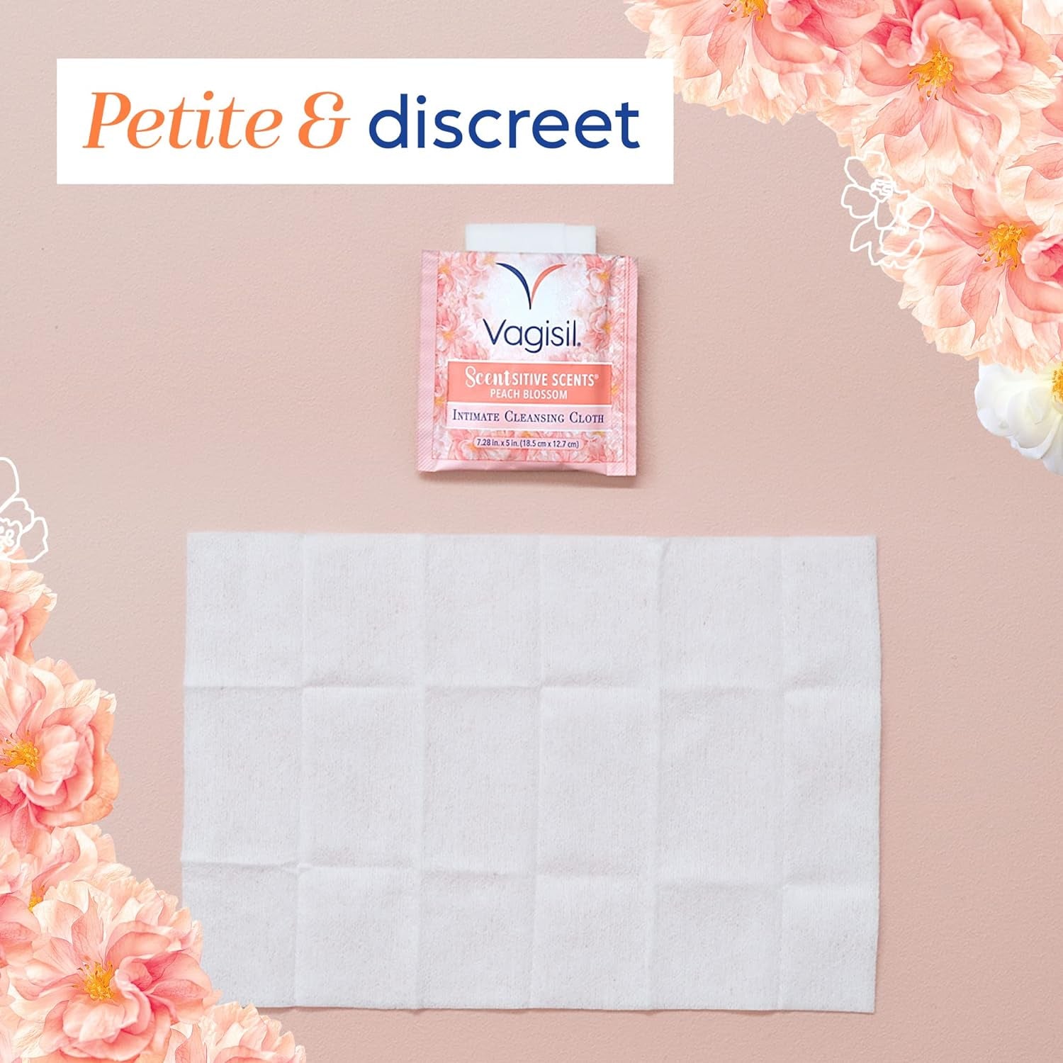 Vagisil Scentsitive Scents On-The-Go Feminine Cleansing Wipes, Ph Balanced, Peach Blossom, Individually Wrapped, 16 Count (Pack of 1)