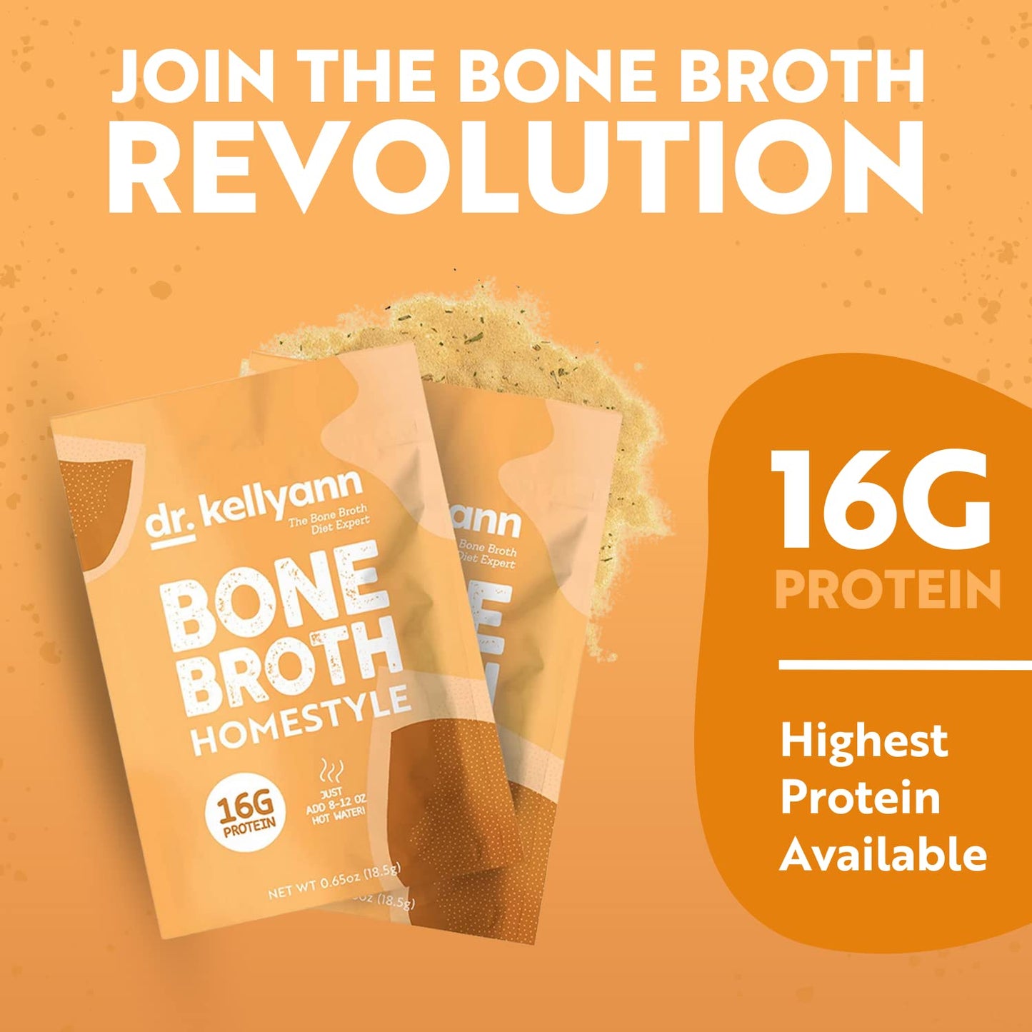 Dr. Kellyann Bone Broth Packets, Original Homestyle Flavor - 7 Servings, Chicken Broth with 100% Grass-Fed Hydrolyzed Collagen Peptides Powder, 16G Protein, Keto and Paleo Diet Friendly