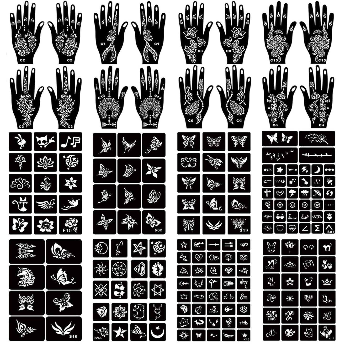 Churlchurl Henna Tattoo Stencil Kit 190Pcs, 24 Sheets Henna Stencils Reusable Temporary Indian Arabian Glitter Airbrush Tattoo Stencils for Face Body Paint DIY