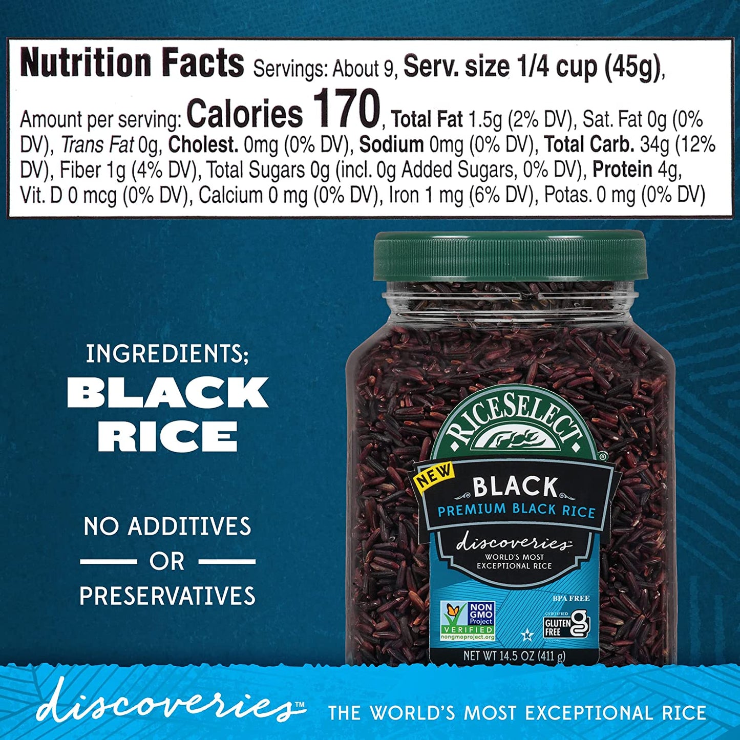 Riceselect Discoveries Premium Black Rice, Whole Grain, Gluten-Free, Non-Gmo, Vegan, 14.5-Ounce Jar