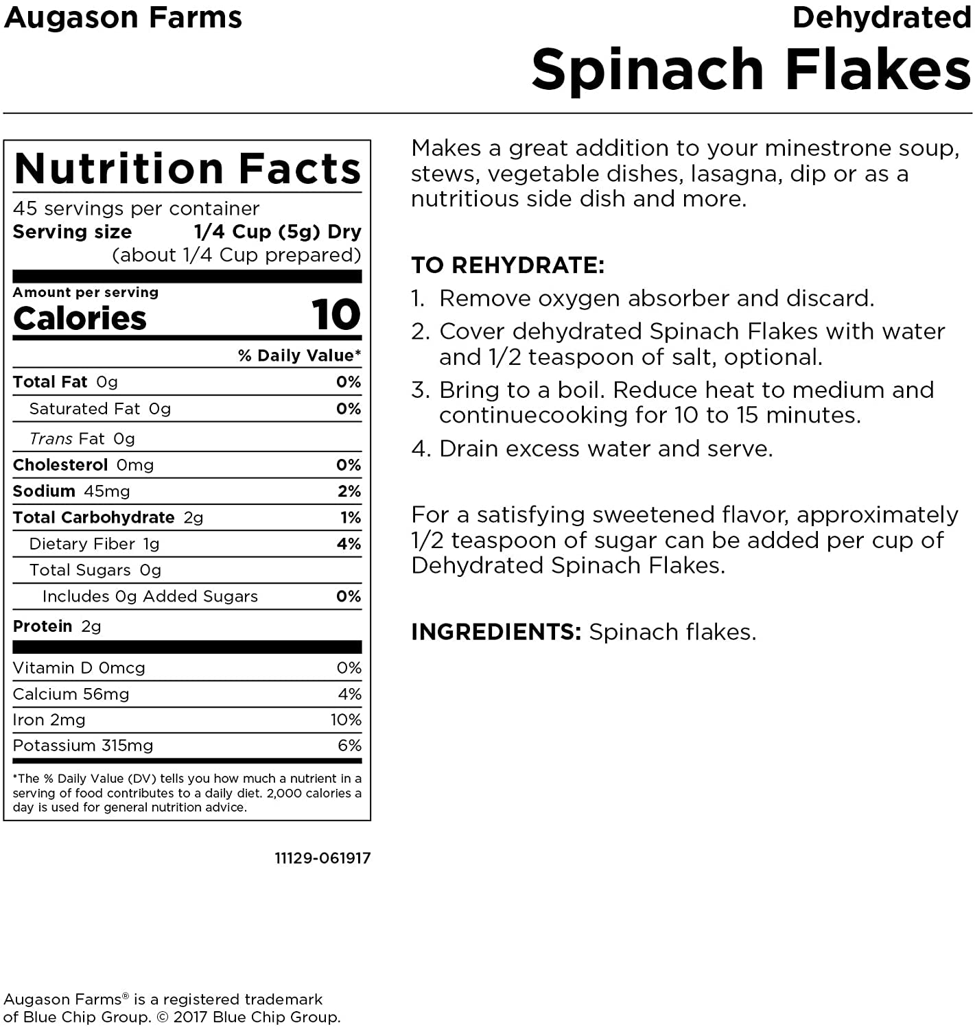 Augason Farms Dehydrated Spinach Flakes 8 Oz No. 10 Can