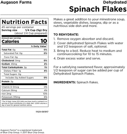 Augason Farms Dehydrated Spinach Flakes 8 Oz No. 10 Can