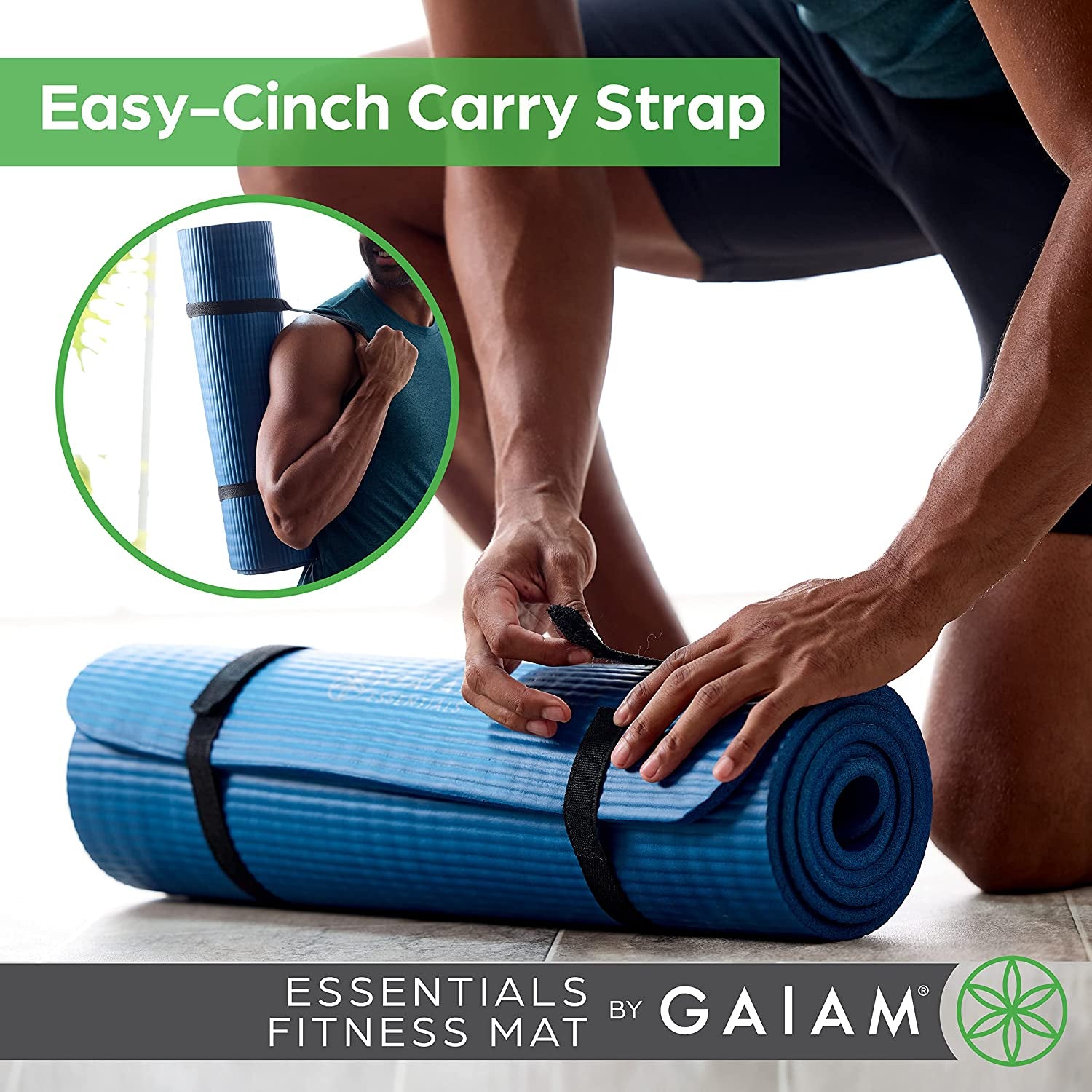 Gaiam Essentials Thick Yoga Mat Fitness & Exercise Mat with Easy-Cinch Yoga Mat Carrier Strap, 72"L X 24"W X 2/5 Inch Thick