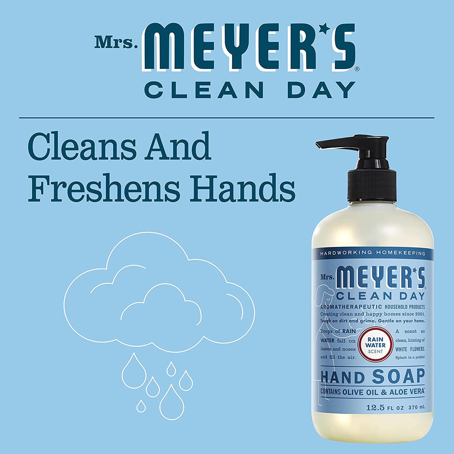 MRS. MEYER’S CLEANDAY Hand Soap, Made with Essential Oils, Biodegradable Formula, Rain Water, 12.5 Fl. Oz