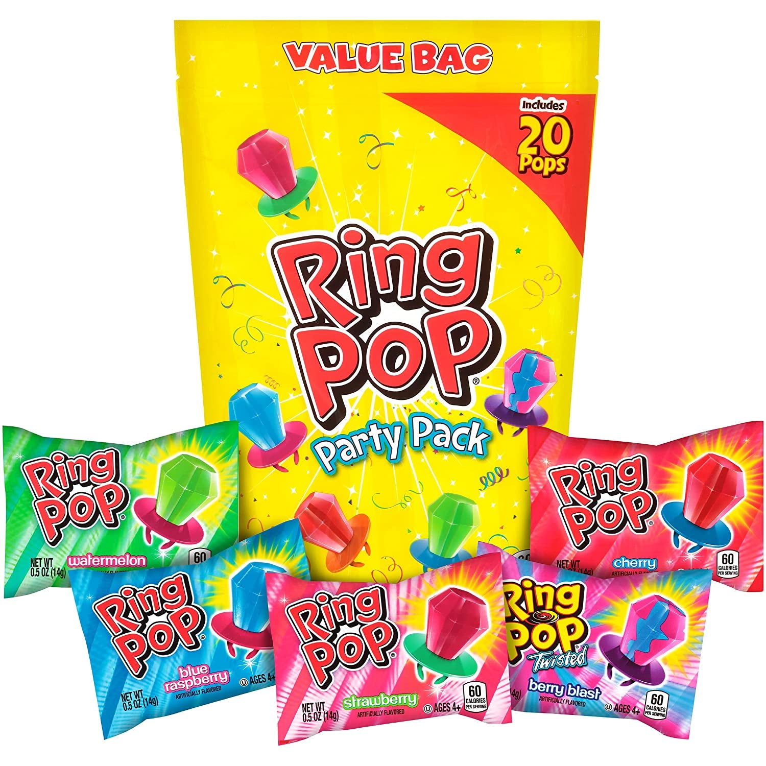 Ring Pop Individually Wrapped Bulk Lollipop Variety Halloween Party Pack – 20 Count Lollipop Suckers W/ Assorted Flavors - Fun Candy for Halloween Parties and Trick or Treating Bags