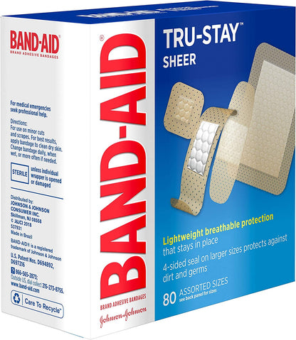 Band-Aid Brand Tru-Stay Sheer Strips Adhesive Bandages for First Aid and Wound Care, Assorted Sizes, 80 Ct