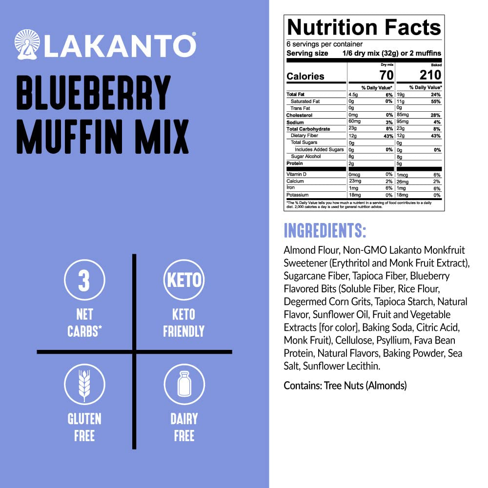 Lakanto Sugar Free Blueberry Muffin Mix - Naturally Flavored, Sweetened with Monk Fruit Sweetener, Keto Diet Friendly, 3 Net Carbs, Gluten Free, Breakfast Food, Delicious, Easy to Make (12 Servings)