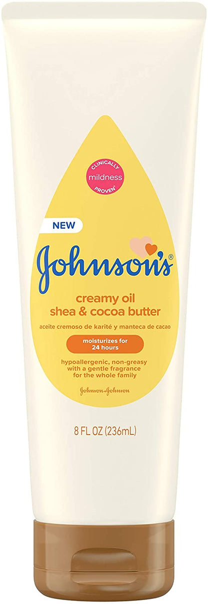 Johnson'S Baby Creamy Oil for Baby with Shea & Cocoa Butter, Moisturizing Body Lotion with Gentle Fragrance, Hypoallergenic, Non-Greasy, Paraben-Free, Phthalate-Free and Dye-Free, 8 Fl. Oz