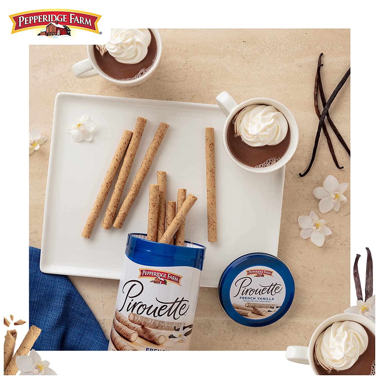 Pepperidge Farm Pirouette Cookies, French Vanilla Flavored Crème Filled Wafers, 13.5 Oz Tin