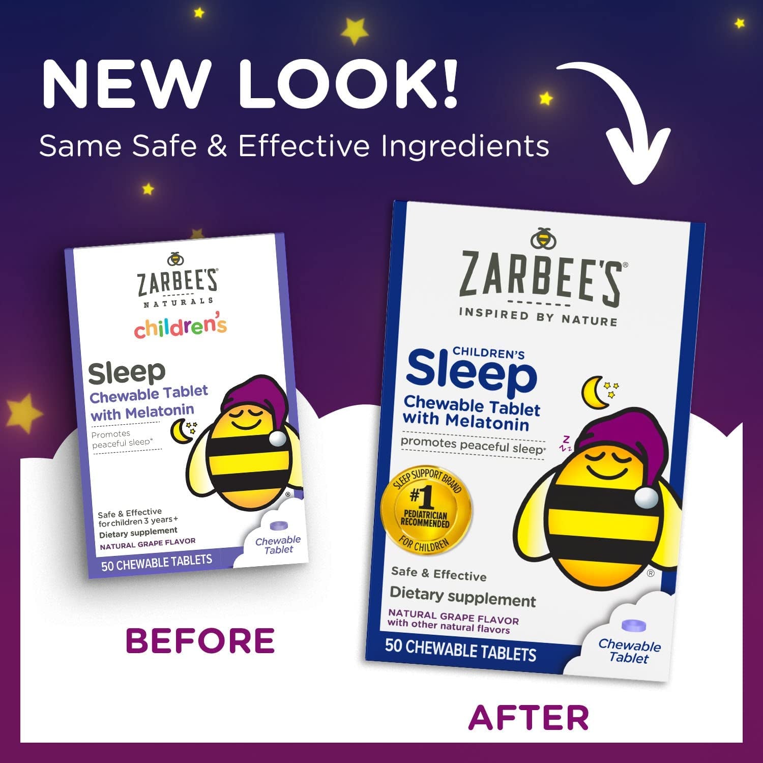 Zarbee'S Kids 1Mg Melatonin Chewable Tablet Drug-Free & Effective Sleep Supplement Easy to Take Natural Grape Flavor Tablets for Children Ages 3 and up 50 Count