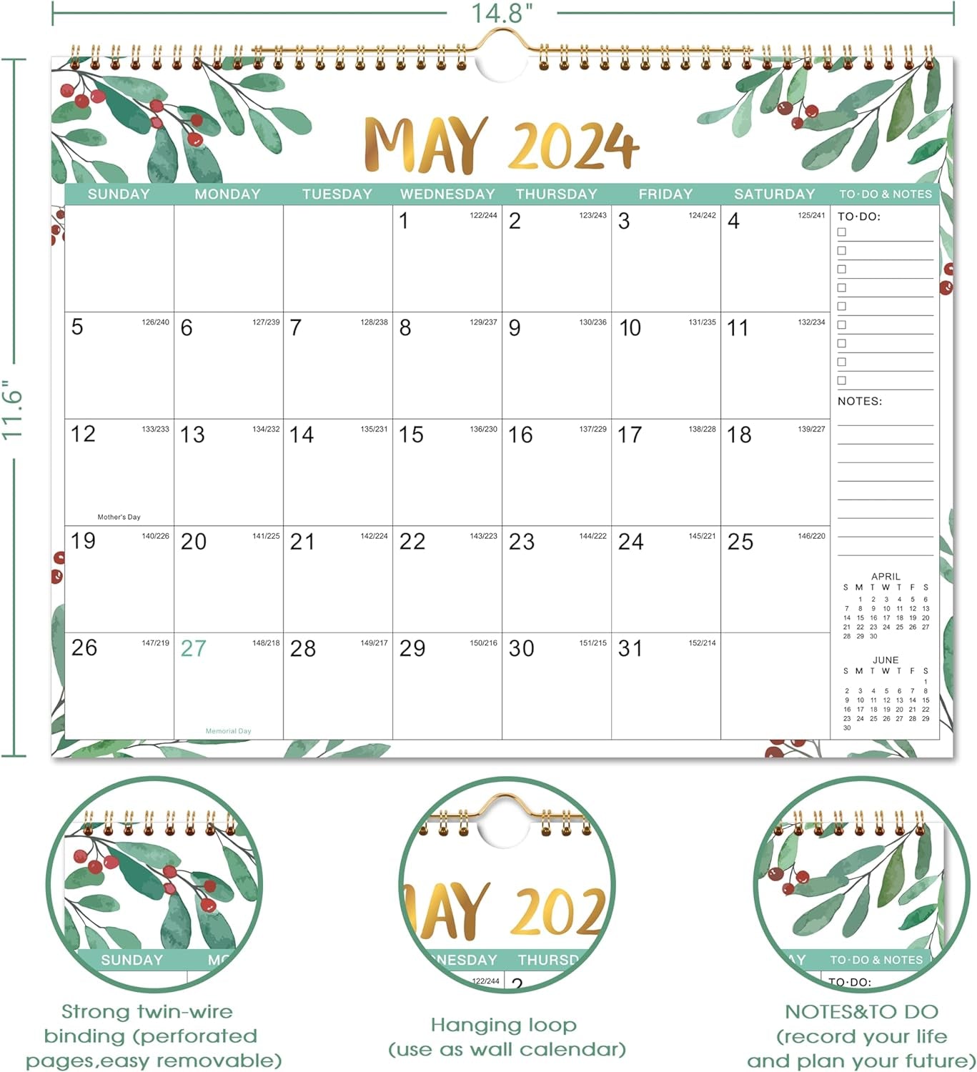 Wall Calendar 2024-2024 Wall Calendar from January 2024 to December 2024, 11.5"X 15", Monthly Calendar 2024 with Julian Dates, Twin-Wire Binding, Thick Paper Perfect for Office & Home