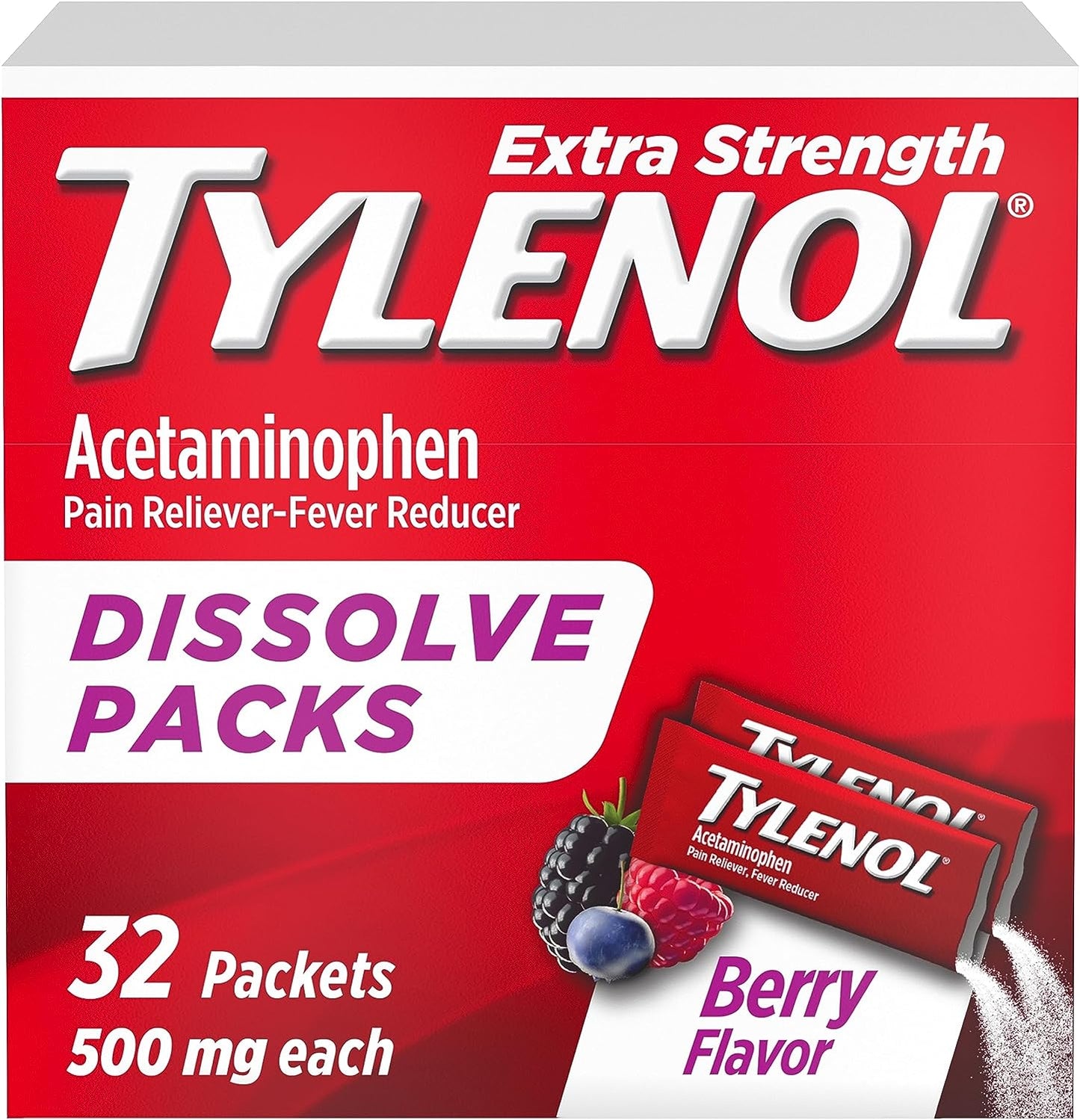 Tylenol Extra Strength Dissolve Packs, 500 Mg Acetaminophen Pain Reliever & Fever Reducer, On-The-Go Powder Packets for Minor Aches & Pains, Ibuprofen- & Aspirin-Free, Berry Flavor, 32 Ct