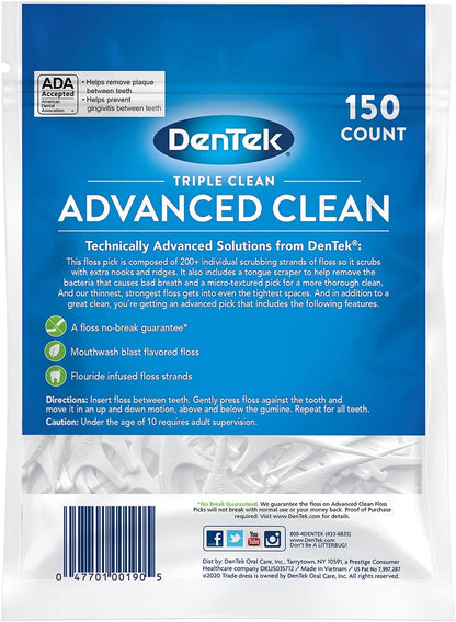 Dentek Triple Clean Advanced Clean Floss Picks, No Break & No Shred Floss, 150 Count