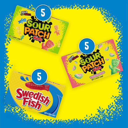 SOUR PATCH KIDS Original Candy, SOUR PATCH KIDS Watermelon Candy & SWEDISH FISH Candy Variety Pack, Christmas Candy Stocking Stuffers, 15 Movie Theater Candy Boxes