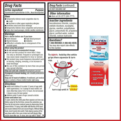 Mucinex Sinus-Max Severe Nasal Congestion Relief Clear & Cool Nasal Spray, 0.75 Fl. Oz., Lasts 12 Hours, Fast Acting, Cooling Menthol Flavor