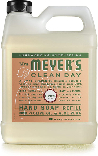 MRS. MEYER'S CLEAN DAY Hand Soap Refill, Made with Essential Oils, Biodegradable Formula, Geranium, 33 Fl. Oz