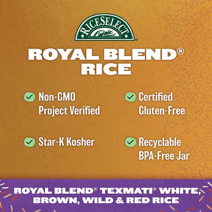 Riceselect Royal Blend, Blend of Texmati White, Brown, Red, and Wild Rice, Premium Gluten Free Rice, Non-Gmo, 21 Ounce Jar