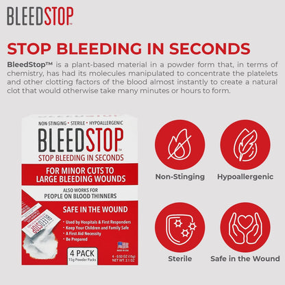 Bleedstop™ First Aid Powder for Blood Clotting, Trauma Kit, Blood Thinner Patients, Camping Safety, and Survival Equipment for Moderate to Severe Bleeding Wounds or Nosebleeds - 4 (15G) Pouches