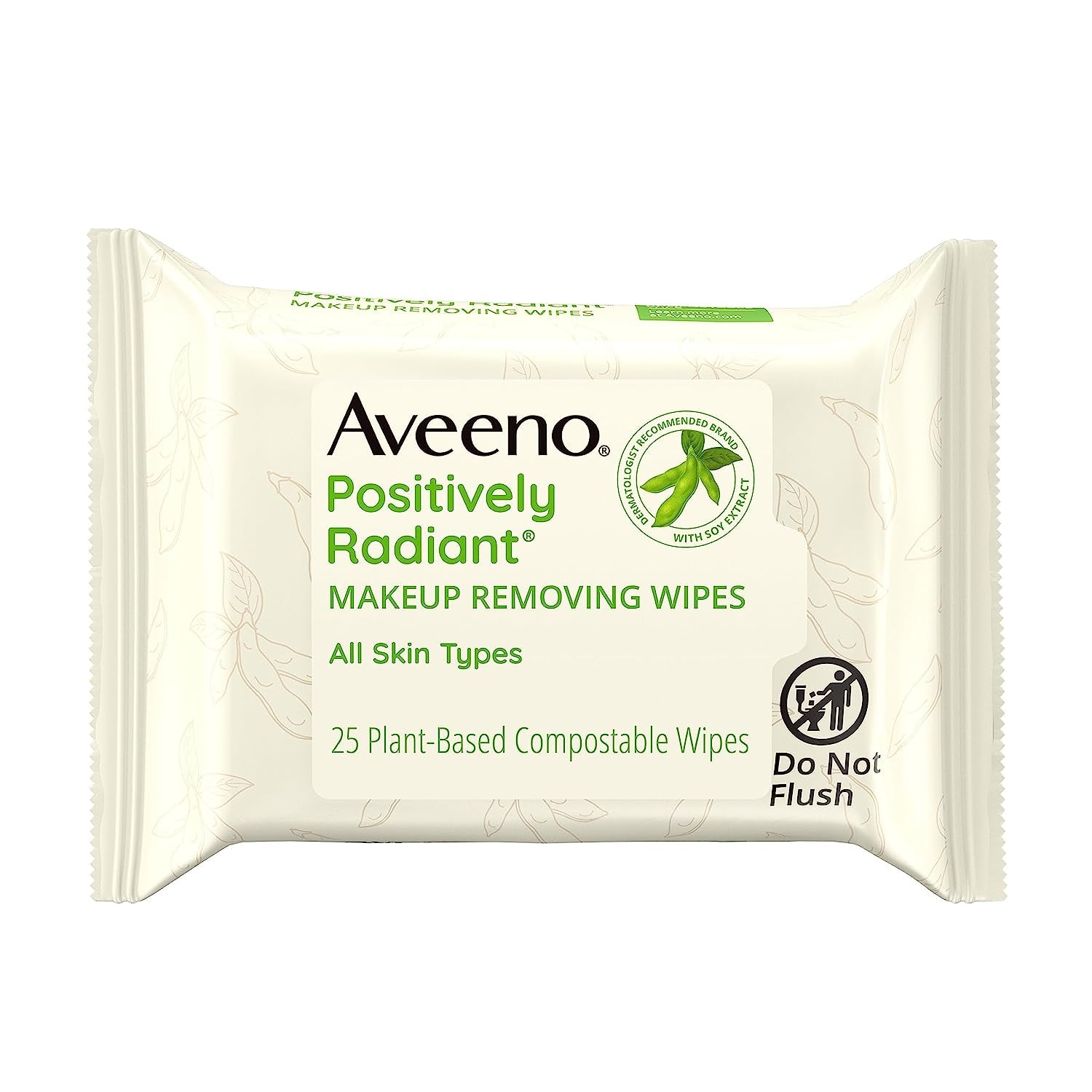 Aveeno Positively Radiant Oil-Free Makeup Removing Facial Cleansing Wipes to Help Even Skin Tone & Texture with Moisture-Rich Soy Extract, Gentle & Non-Comedogenic, 25 Ct.