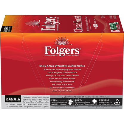 Folgers Classic Roast Medium Roast Coffee, 72 Keurig K-Cup Pods 12 Count (Pack of 6)