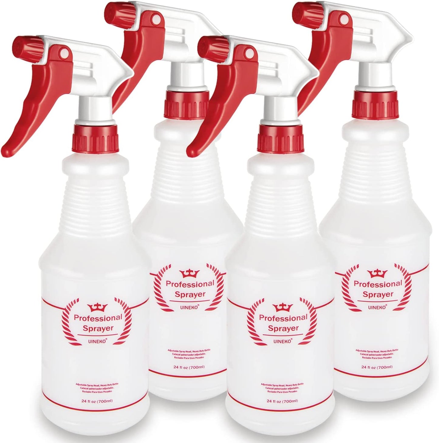 Uineko Plastic Spray Bottle (4 Pack, 24 Oz, All-Purpose) Heavy Duty Spraying Bottles Leak Proof Mist Empty Water Bottle for Cleaning Solution Planting Pet with Adjustable Nozzle and Measurements