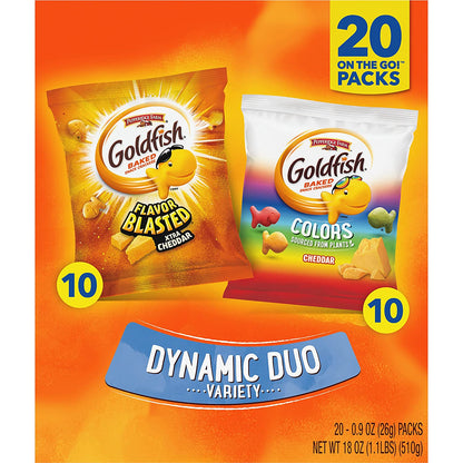 Goldfish Dynamic Duo Colors Crackers, Cheddar & Flavor Blasted Xtra Cheddar Snack Pack, 0.9 Oz, 20-CT Variety Pack Box