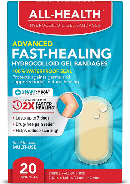 All Health Advanced Fast Healing Hydrocolloid Gel Bandages, Regular 20 Ct | 2X Faster Healing for First Aid Blisters or Wound Care, 20 Count