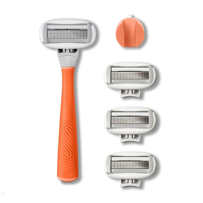 Flamingo 5-Blade Razors for Women - 1 Razor Handle + 4 5-Blade Refills + 1 Shower Holder - Papaya