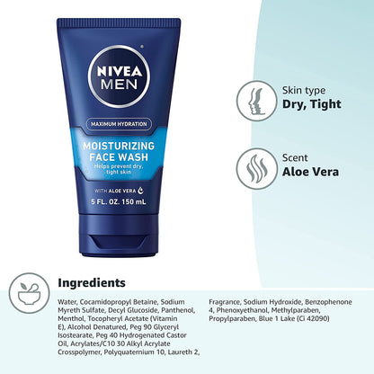 Nivea Men Maximum Hydration Moisturizing Face Wash with Aloe Vera, 5 Fl Oz Tube