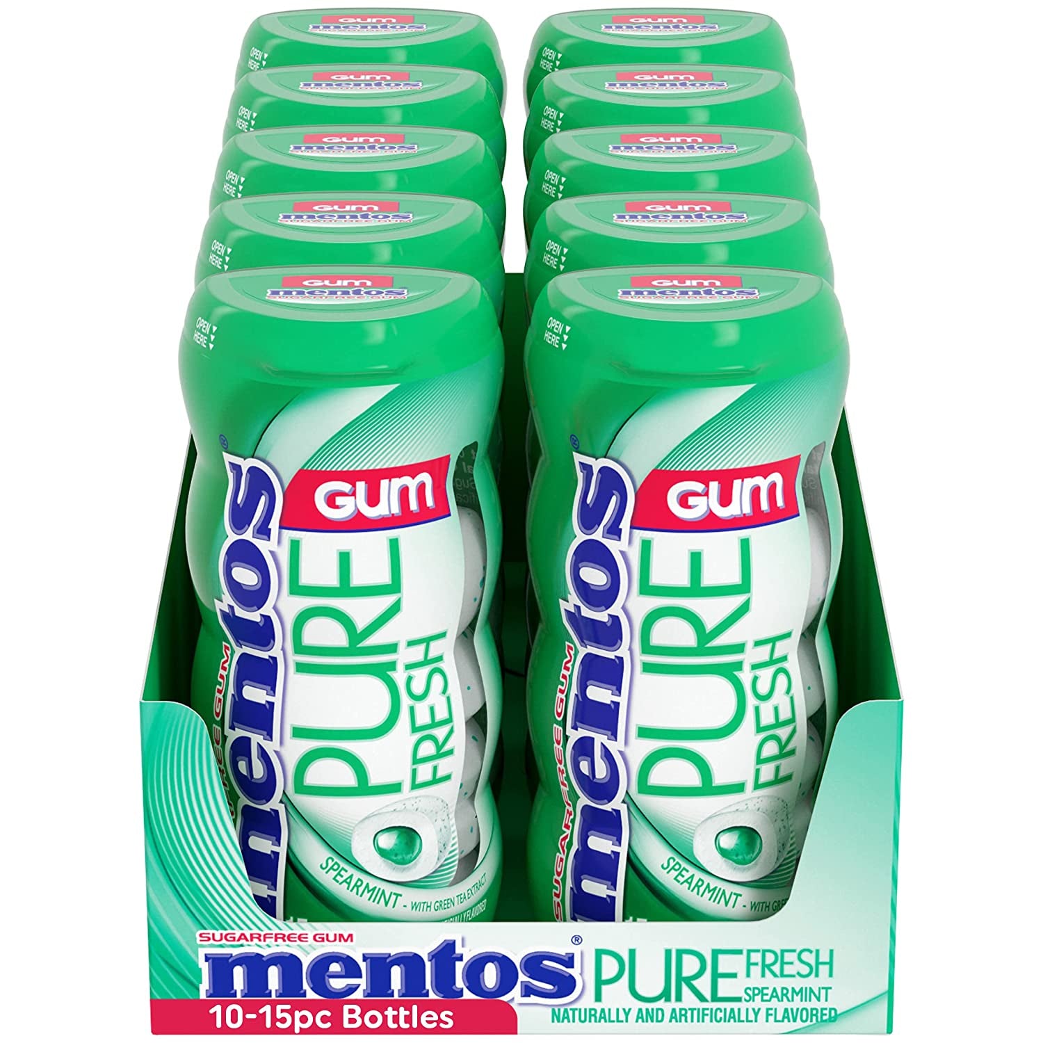 Mentos Pure Fresh Sugar-Free Chewing Gum with Xylitol, Spearmint, 15 Piece Bottle (Bulk Pack of 10)