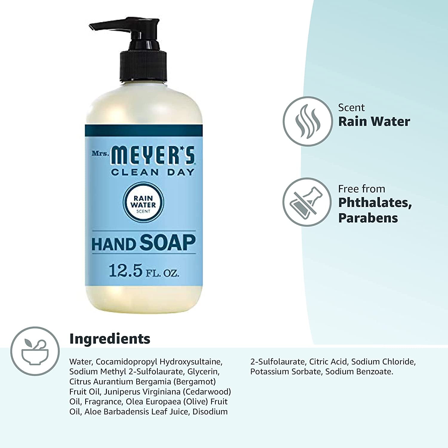 MRS. MEYER’S CLEANDAY Hand Soap, Made with Essential Oils, Biodegradable Formula, Rain Water, 12.5 Fl. Oz