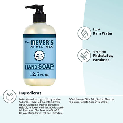 MRS. MEYER’S CLEANDAY Hand Soap, Made with Essential Oils, Biodegradable Formula, Rain Water, 12.5 Fl. Oz