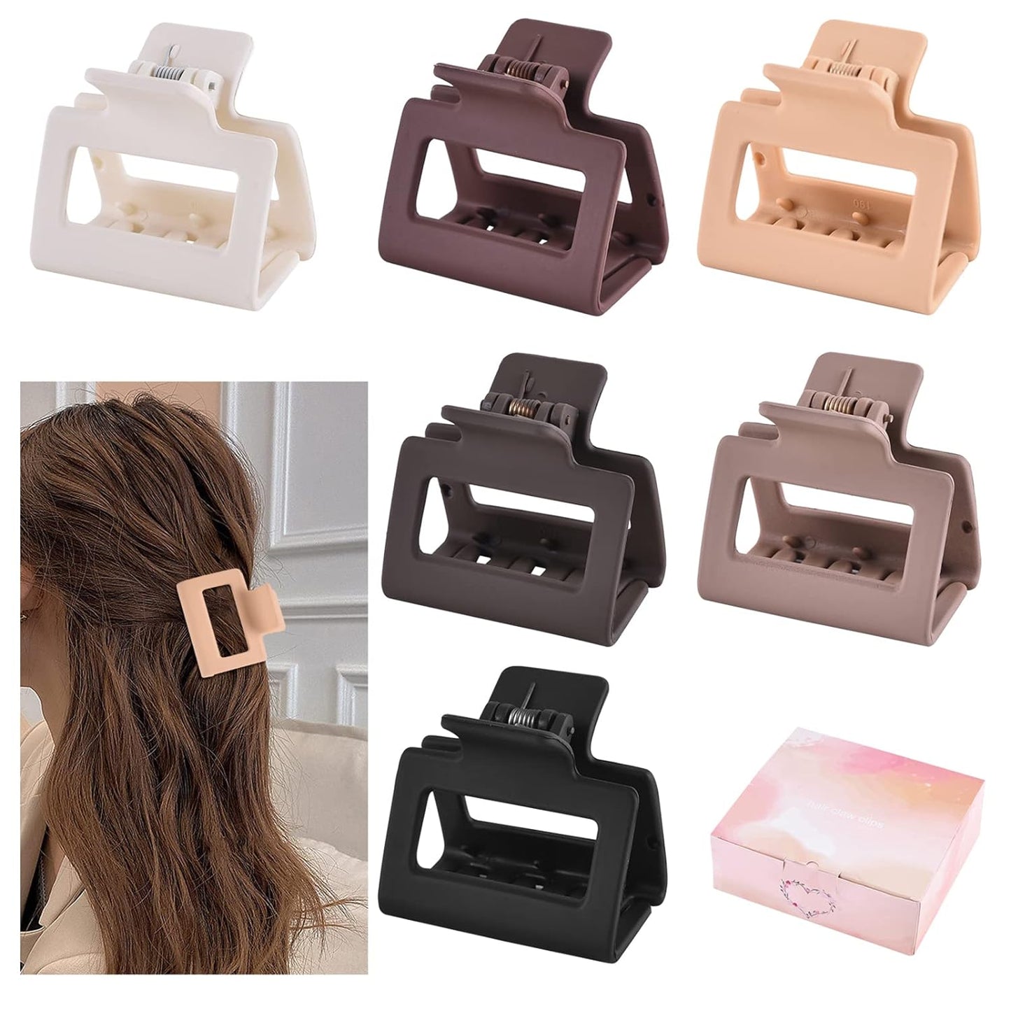 12 Pcs Rectangle Hair Clips, Hair Accessories for Women and Girls, Including 6 Pcs 4 Inch Large Claw Clips for Thick Hair and 6 Pcs 2 Inch Small Hair Claw Clips for Thin Hair (Neutral)