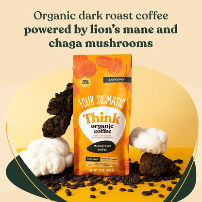 Organic Ground Mushroom Coffee by Four Sigmatic | Dark Roast, Fair Trade Gourmet Coffee with Lion'S Mane, Chaga & Mushroom Powder | Immune Boosting Coffee for Focus & Immune Support | 12Oz Bag