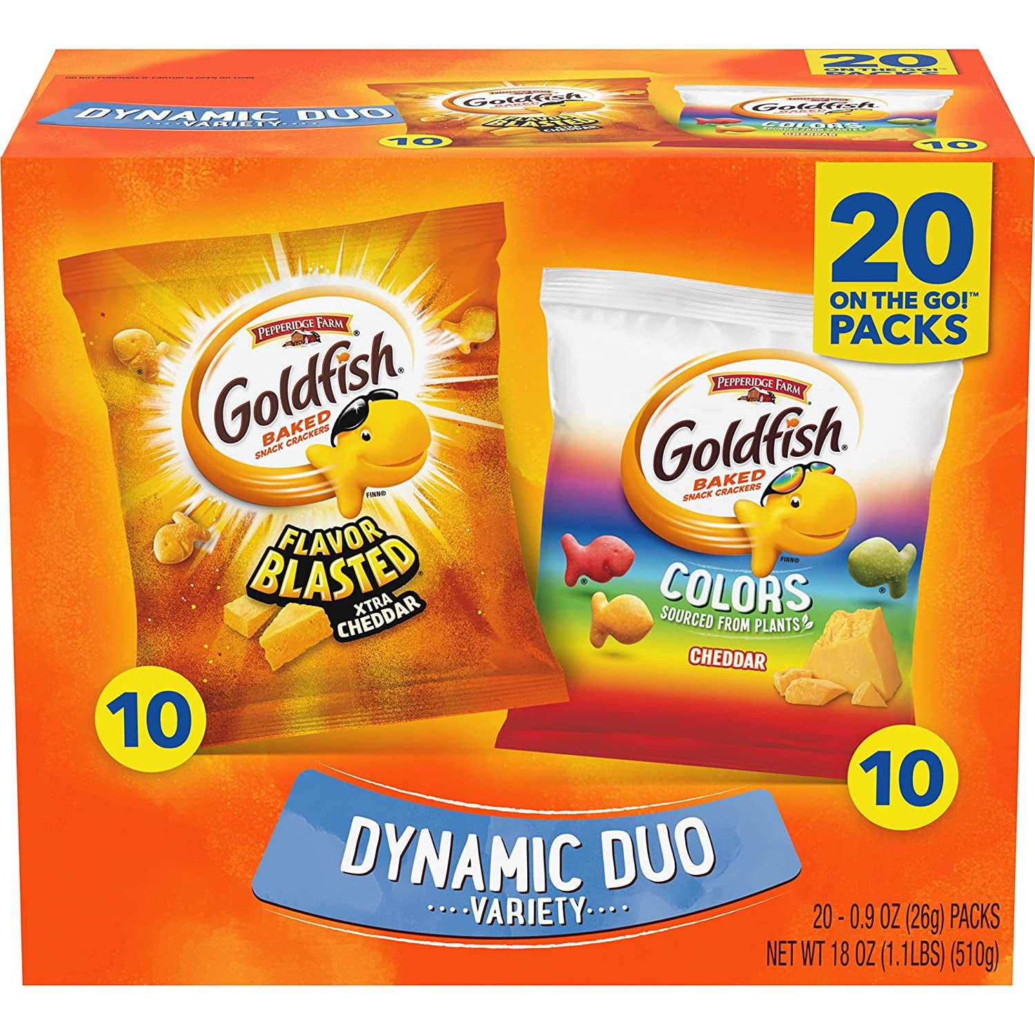 Goldfish Dynamic Duo Colors Crackers, Cheddar & Flavor Blasted Xtra Cheddar Snack Pack, 0.9 Oz, 20-CT Variety Pack Box