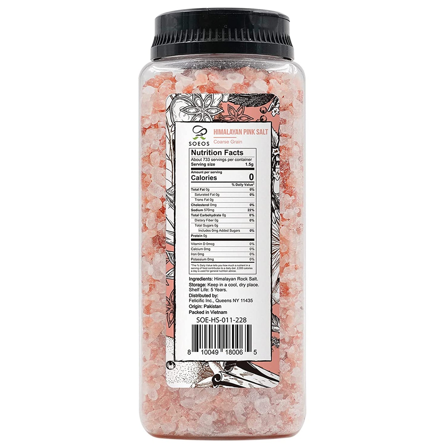 Soeos Himalayan Pink Salt Coarse Grain, 39Oz (1.1Kg), Non-Gmo Himalayan Salt, Natural Pink Salt, Kosher Pink Sea Salt, Nutrient and Mineral Dense for Health, 2.4 Pound (Pack of 1)