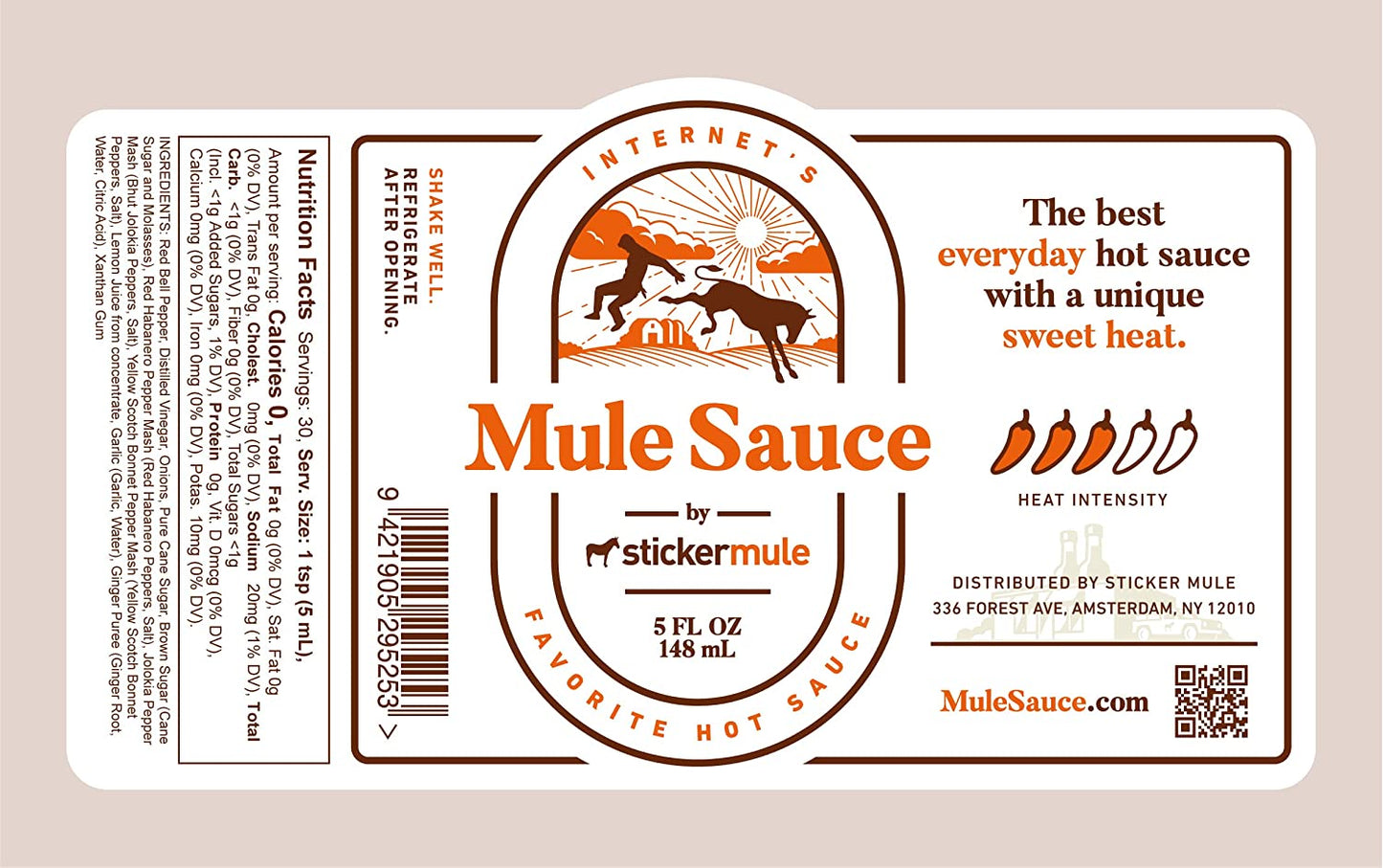 Mule Sauce - Hot Sauce with Habanero, Yellow Scotch Bonnet and Bhut Jolokia. (5 Oz, 1)