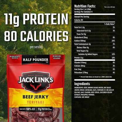 Jack Link'S Beef Jerky, Teriyaki, ½ Pounder Bag - Flavorful Meat Snack, 11G of Protein and 80 Calories, Made with Premium Beef - 96 Percent Fat Free, No Added MSG** or Nitrates/Nitrites