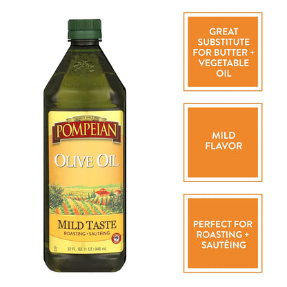 Pompeian Mild Taste Olive Oil, Mild Flavor, Perfect for Roasting & Sauteing, Naturally Gluten Free, Non-Allergenic, Non-Gmo, 32 FL. OZ.