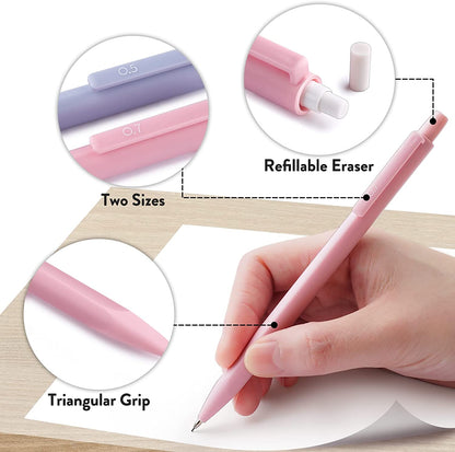 Four Candies Cute Mechanical Pencil Set, 6PCS Pastel Pencils 0.5Mm & 0.7Mm with 360PCS HB Pencil Leads, 3PCS Erasers and 9PCS Eraser Refills, Aesthetic Mechanical Pencils for Girls Writing