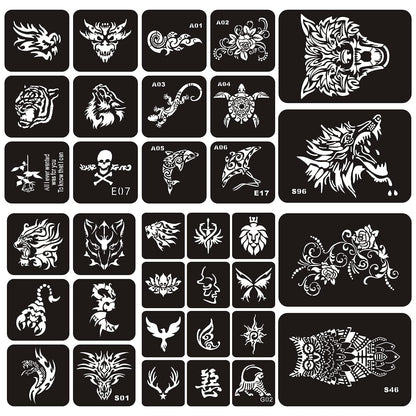 Kotbs 6 Sheets Temporary Tattoo Stencils, 34Pcs Animal Tiger Wolf Totem Patterns Henna Tattoo Stencil Kit Temporary Glitter Airbrush Tattoo Stencils Arabian Tattoo Stickers for Face Body Paint Art