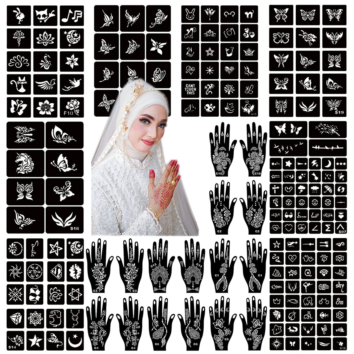 Churlchurl Henna Tattoo Stencil Kit 190Pcs, 24 Sheets Henna Stencils Reusable Temporary Indian Arabian Glitter Airbrush Tattoo Stencils for Face Body Paint DIY