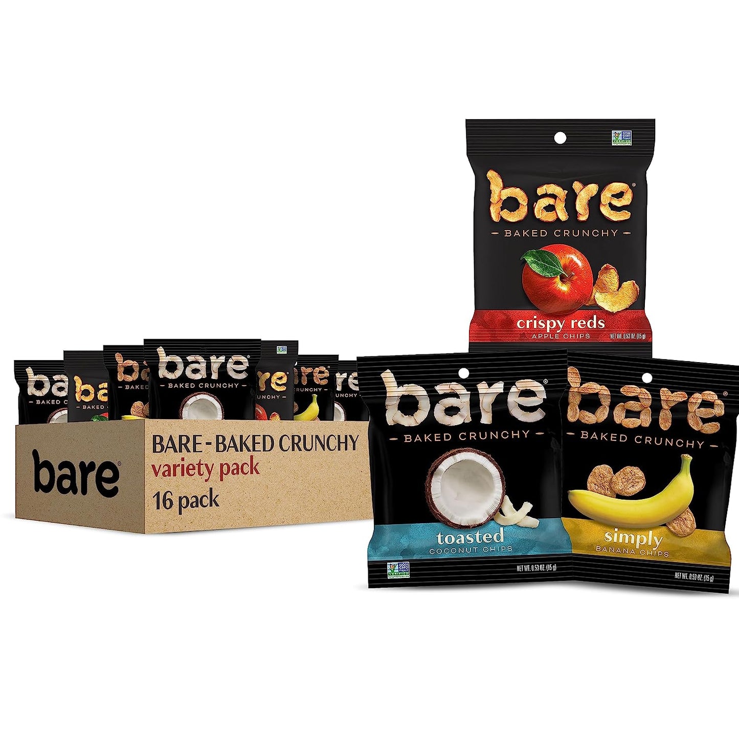 Bare Baked Crunchy Fruit Snack Pack, Gluten Free, Apples, Bananas, and Coconut Flavors, 0.53 Ounce (Pack of 16)