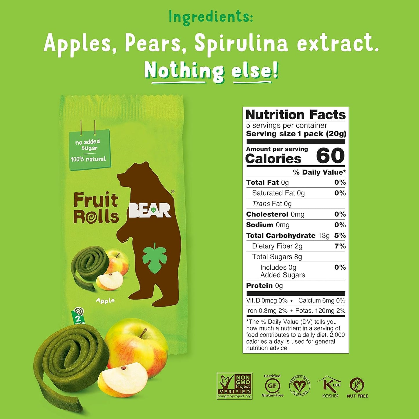 BEAR Real Fruit Snack Rolls, Apple (2 Rolls per Pack), No Added Sugar, All Natural, Non GMO, Gluten Free, Vegan, Healthy On-The-Go Snack for Kids & Adults, 0.7 Oz (Pack of 12)