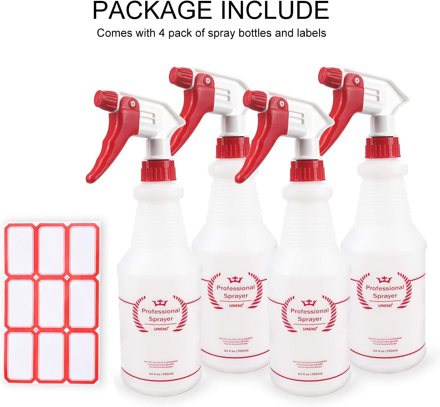 Uineko Plastic Spray Bottle (4 Pack, 24 Oz, All-Purpose) Heavy Duty Spraying Bottles Leak Proof Mist Empty Water Bottle for Cleaning Solution Planting Pet with Adjustable Nozzle and Measurements