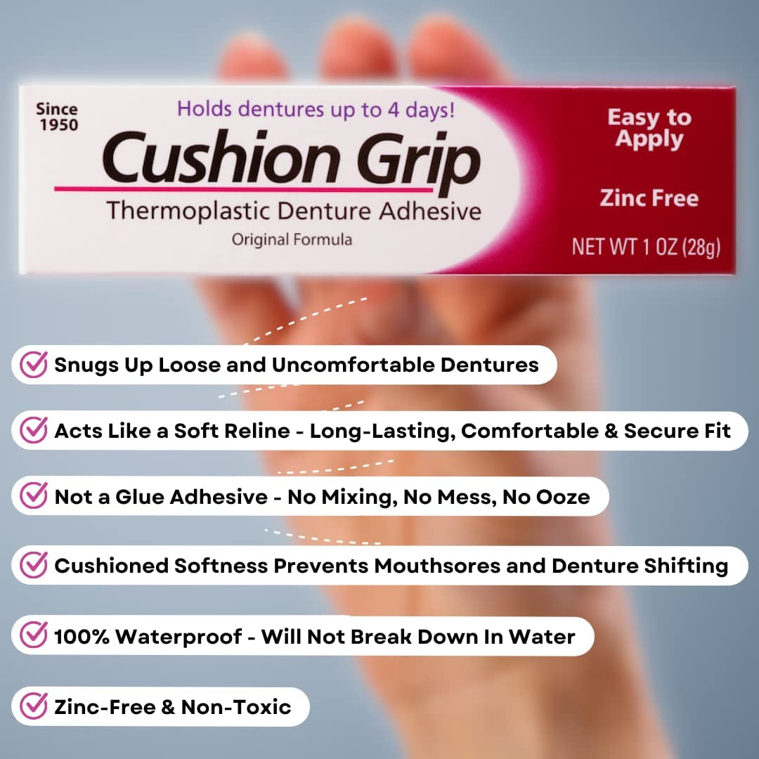 Cushion Grip Thermoplastic Denture Adhesive for Refitting and Tightening Loose Dentures [Not a Glue Adhesive, Acts like a Soft Reliner] (1 Oz) Hold Dentures for up to 4 Days.