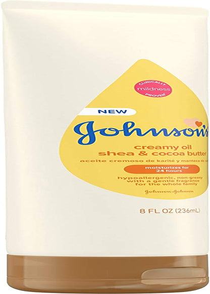 Johnson'S Baby Creamy Oil for Baby with Shea & Cocoa Butter, Moisturizing Body Lotion with Gentle Fragrance, Hypoallergenic, Non-Greasy, Paraben-Free, Phthalate-Free and Dye-Free, 8 Fl. Oz