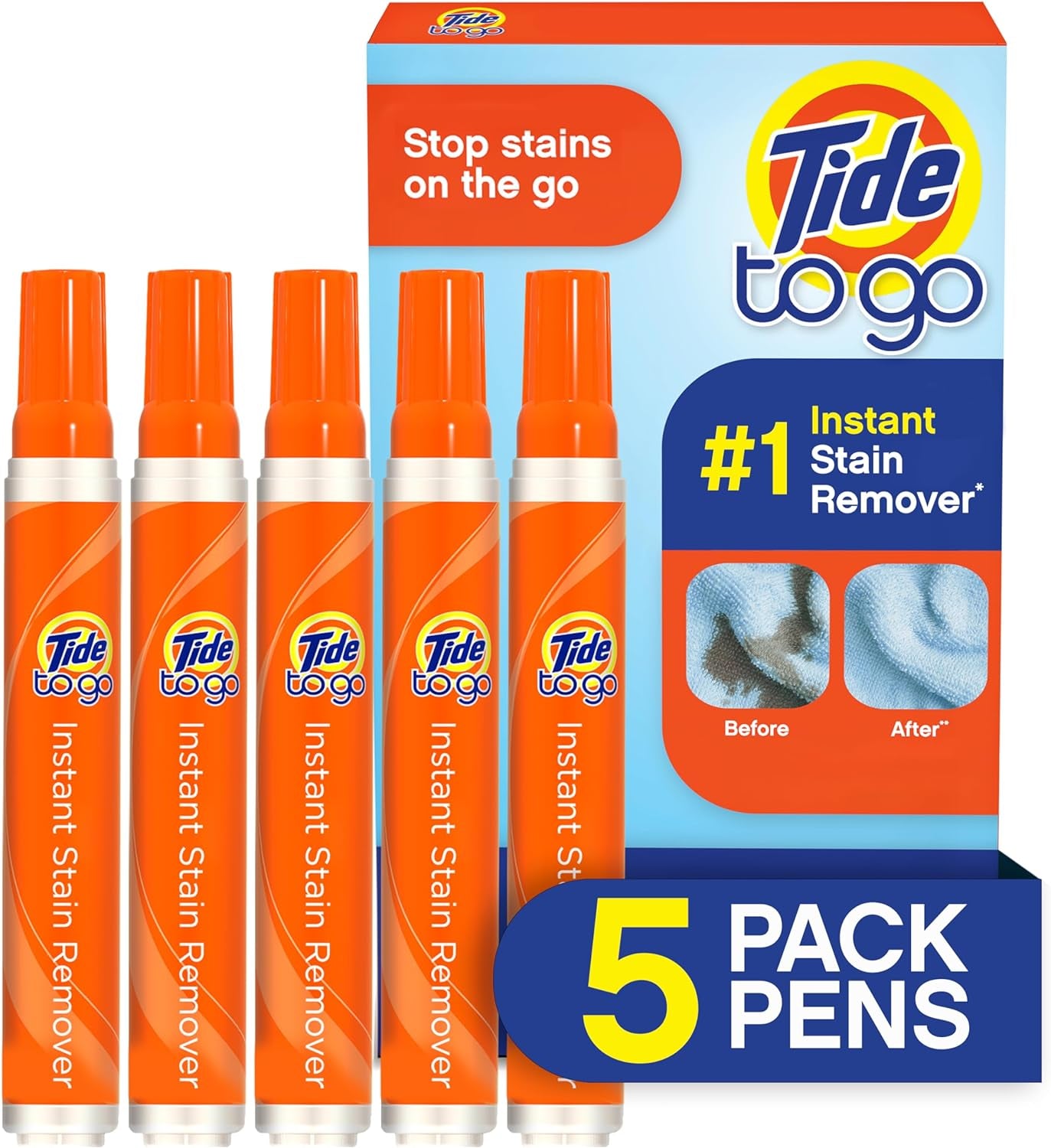 Tide to Go Instant Travel Stain Remover Pen, Rescue Clothes from Blood, Wine and Other Tough Stains, 5 Count (Pack of 1)